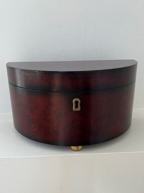 VINTAGE Bombay Company Half Moon Classic Jewelry Box Burled Wood Missing Key